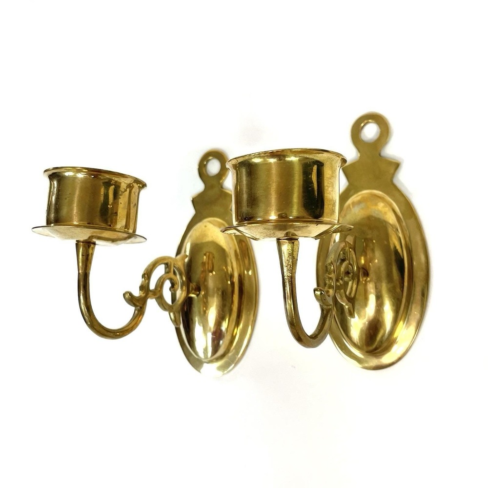 Vintage Brass Wall Candle Sconces Pair Oval Taper Holders Made in India